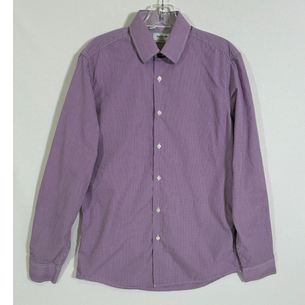 Duchamp London Mens Purple Micro Gingham Tailored Fit Cotton Shirt 15.5 M